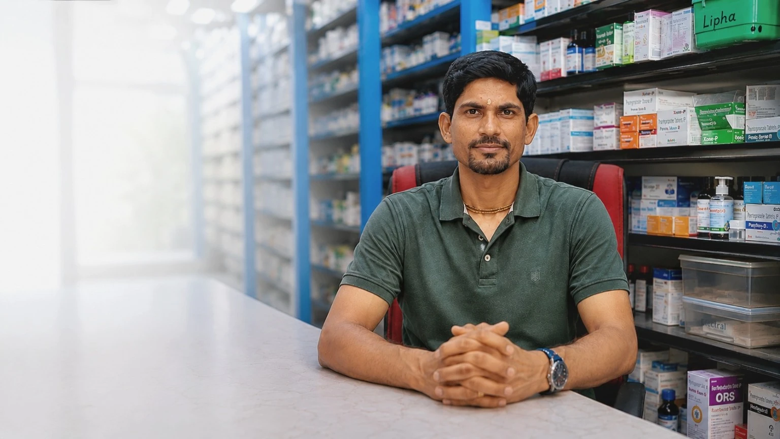 Owner of Satyam Medical Agency at the pharmacy counter