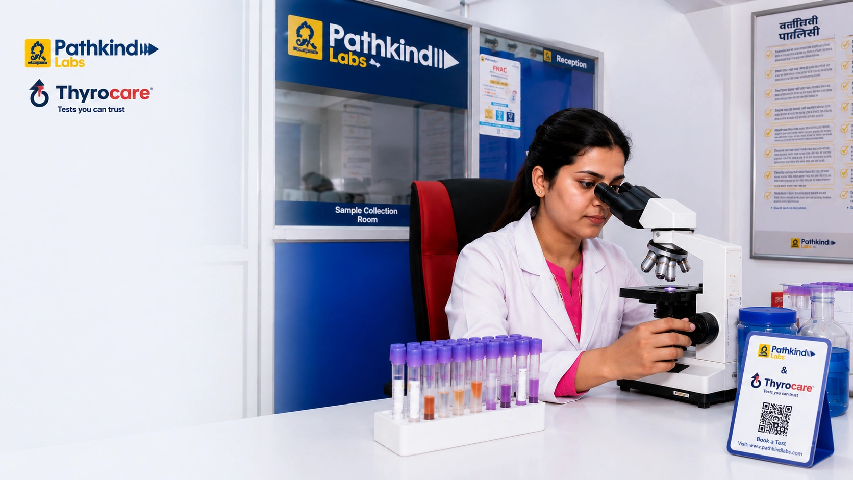 Laboratory technician at the sample collection centre in Satyam Medical Agency